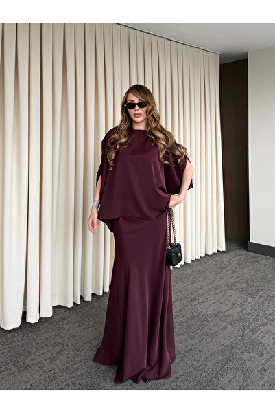 Laluvia Plum Shoulder Draped Satin Blouse Skirt Set - 8005
