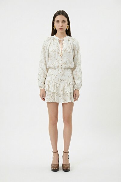 Quzu Floral Embroidered Ruffled Mini Skirt Ecru