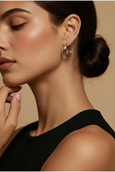 stainless steell 3 Renk Halka Burgu Çelik Küpe – Gold Silver Rose Modern Tasarım