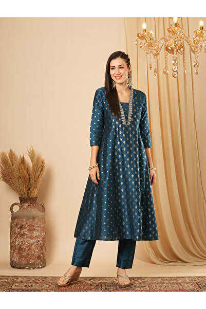 Globus By Styli Gold Foil Print Paneled Anarkali Kurta and Pants Festive Set