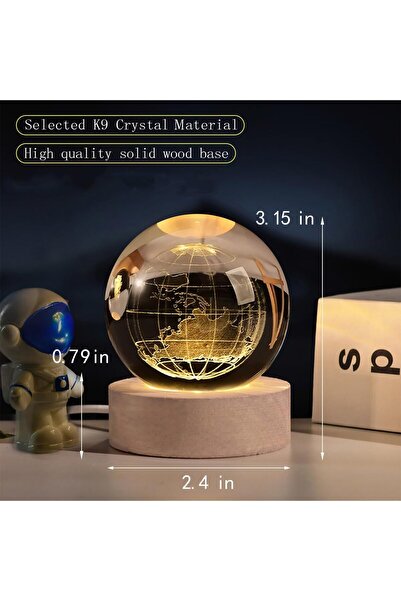 ARABIQO 3D Crystal Ball Night Light 8cm with Wooden Base, USB Powered LED Glass Lamp for Bedroom, Ho