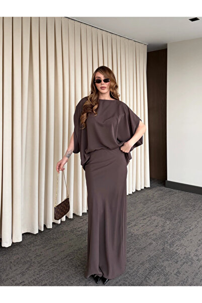 Laluvia Brown Shoulder Draped Satin Blouse Skirt Set - 8005