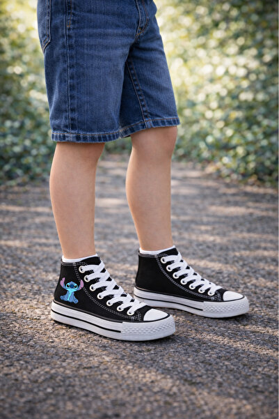 LEVENT ÖZCAN Stitch Baskılı Bağcıklı Bilekli Siyah Çocuk Sneaker