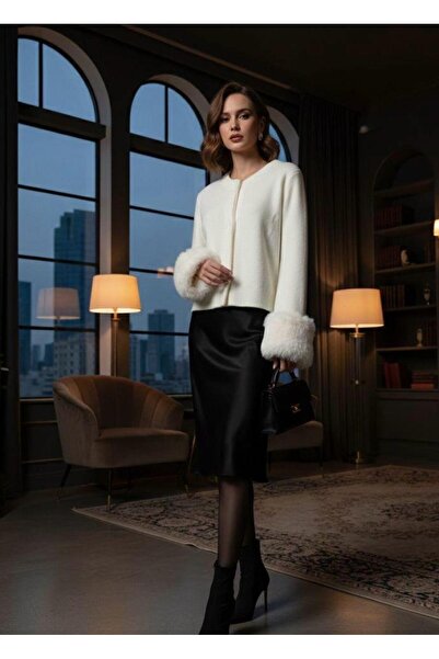 Sea Style Cream Fur Cuff Detailed Crew Neck Knitwear Cardigan