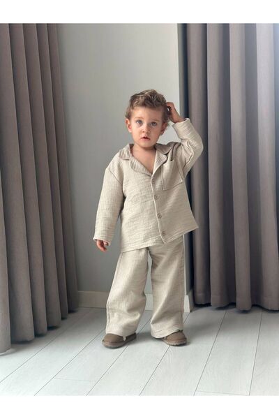 YİGİT BUTİK طقم قميص ولادي من الموسلين بياقة وسروال