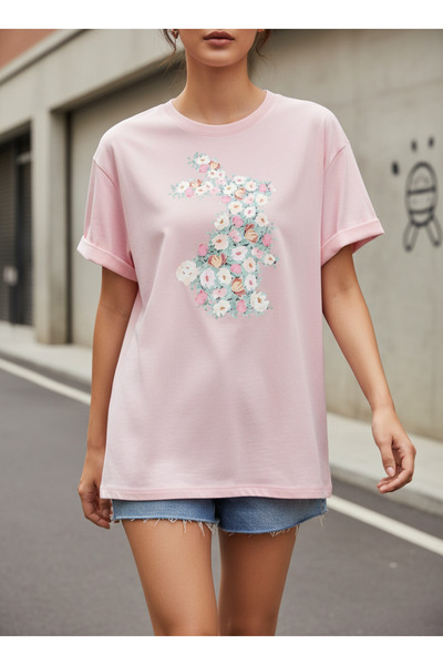 LAND MODA Γυναικείο μπλουζάκι με φλοράλ στάμπα κουνελιού, 100% βαμβάκι, σε αν...