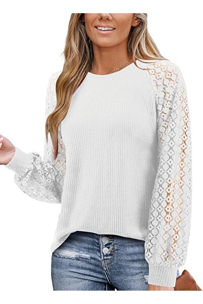 Other Elegant Women's Blouse - Lace Shirt, Long Sleeve, Classic Cut, White, XL