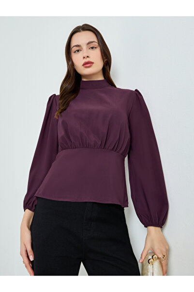 Styli Burgundy Solid Puff Sleeves Blouse