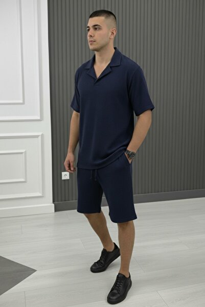 CAST COLLECTİON طقم شورت تي شيرت رجالي باللون الأزرق الداكن ذو ياقة مطوية