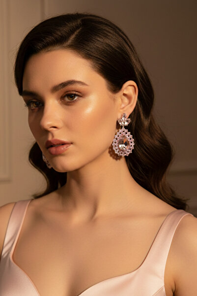 Happyline Kadın Kristal Taşlı Küpe, Kına Küpe, Abiye Küpe, Düğün Küpesi, Sall...