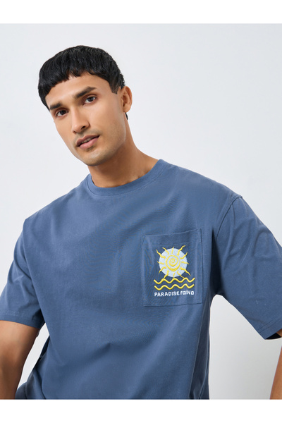 Styli Men Blue Embroidered Oversized T-Shirt