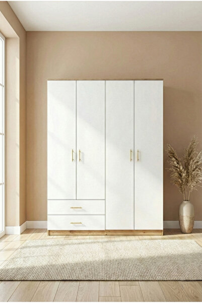 İNDEPPO LOFT 4 KAPAKLI 2 ÇEKMECELİ GARDIROP (140 CM CEVİZ - BEYAZ)