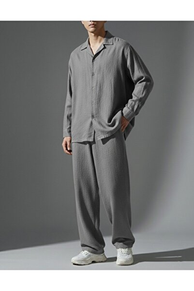 Wekame Men's Flam Ham Linen Oversize Shirt Baggy Fit Tracksuit Bottom-Top Set