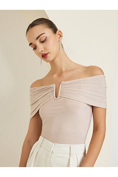 Styli Beige Knit Off-Shoulder Top