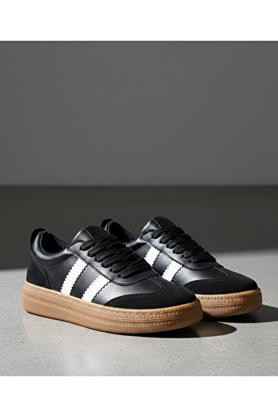 BonuStep Kadın Siyah Samba Süet Detaylı Bağcıklı Çizgili Termo Taban Spor Aya...