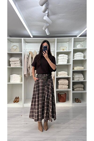 ALVOR High Waist Vintage Plaid Patterned Midi Skirt with Pockets