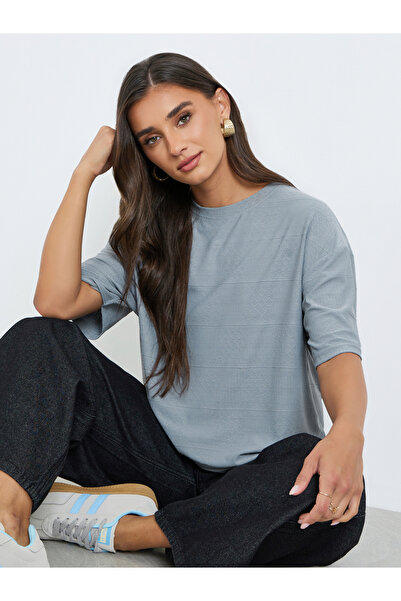 Styli Grey Textured Round Neck Relaxed Fit T-Shirt
