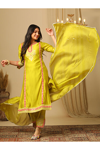 Globus By Styli Zari Embroidered Yoke Paneled Straight Kurta, Pants and Lace ...