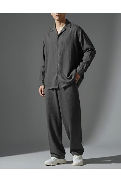 Wekame Men's Flam Ham Linen Oversize Shirt Baggy Fit Tracksuit Bottom-Top Set