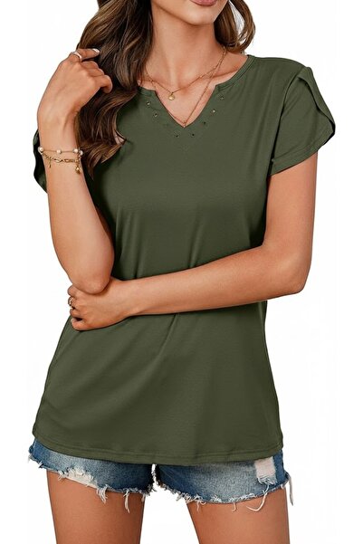 Other Women's Elegant Blouse - V-Neck, Short Sleeves with Ruffled, Cotton and...