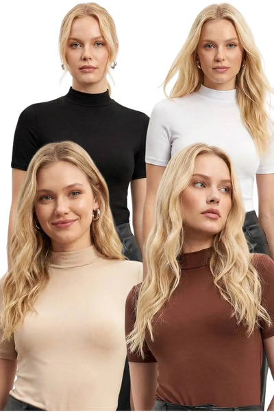 bysoca Women's Black White Beige Brown Half Turtleneck Short Sleeve Cotton 4-...