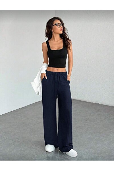 Le Vion Women's Navy Blue Wide Leg Sweatpants Oversize High Waist Trendy Comf...