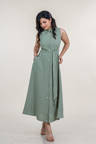 MissVina Front Buttoned Sleeveless and Belted Long Dress