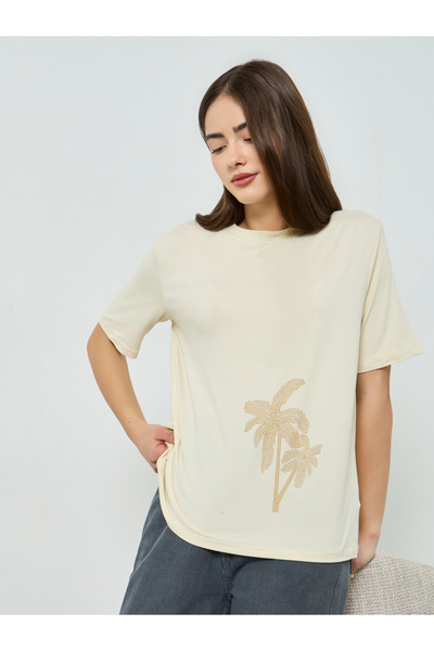 Styli Beige Palm Tree Graphic Oversized T-Shirt