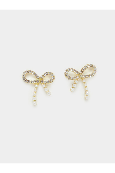 Styli Gold Bow Stud Earrings with Pearl Drops