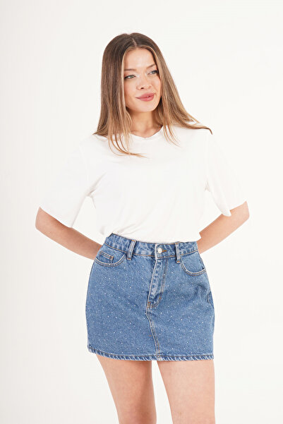 Hipo Trend Sparkling Stone Embellished Denim Mini Jeans Skirt