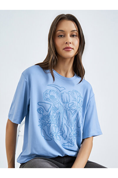 Styli Blue Graphic Floral Print Oversized T-Shirt