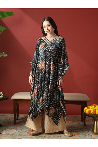 Globus By Styli Zari Embroidered Ethnic Print Gotta Patti Fusion Kaftan Kurta