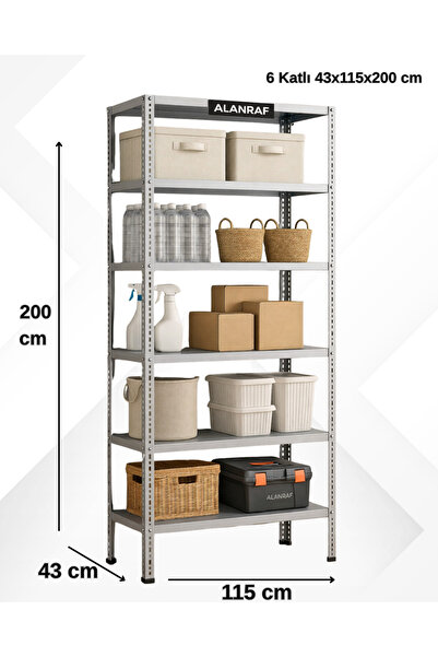ALANRAF 6 Katlı 43x115x200 Cm Galvaniz Çelik Raf - Depo, Arşiv, Kiler, Dosya,...