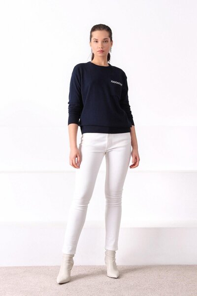 Ferraro Navy Blue Pocket Detailed Cashmere Blend Women's Knitwear Sweater