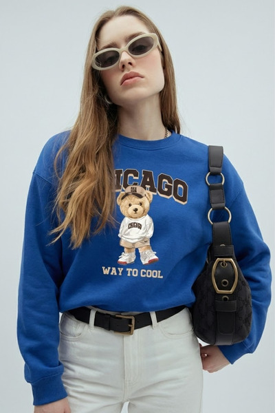 COMBİNE MİCHAİL Women's Chicago Printed Blue Loose Sweatshirt
