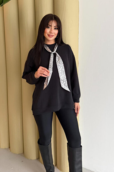 Mogi Butik Premium Modal Scarf Detailed Crew Neck Oversize Tunic 3170