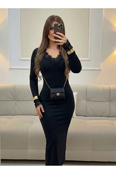 TLG GİYİM Women's V-Neck Lace Detailed Long Stylish Pencil Dress