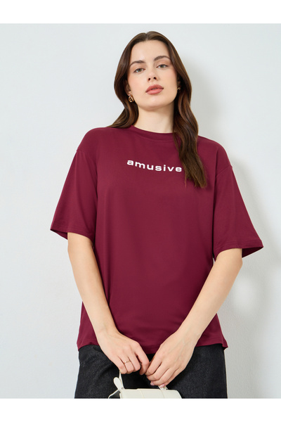 Styli Burgundy Slogan Print Oversized T-Shirt