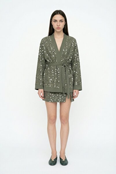 Quzu Sequin Embroidered Wrap Mini Skirt Khaki