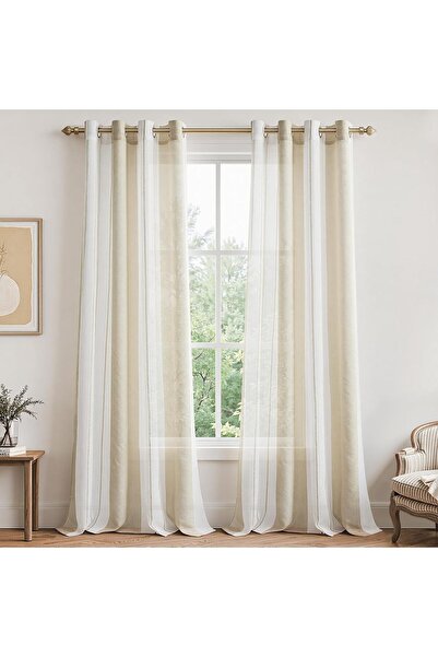 Other Set of 2 Semi-sheer Curtains - Striped Pattern, Polyester, Rings - Khak...