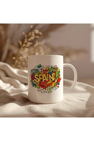 BB TRADE كوب سيراميك أبيض مطبوع بتصميم إسباني سعة 330 مل