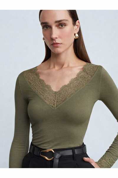 Distimi Dantelli Kaşmir Bluz-Haki
