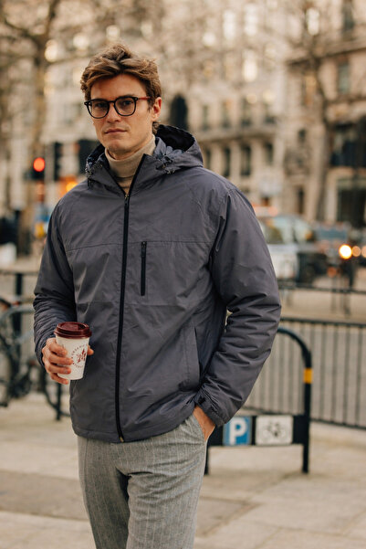 DAMGA JEANS Ανδρικό μοντέρνο αδιάβροχο με κουκούλα και τσέπες, φαρδύ και αναπ...