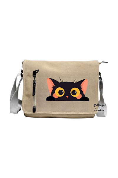 Minga London Beige Cute Cat Printed Messenger Bag -Mingalondon