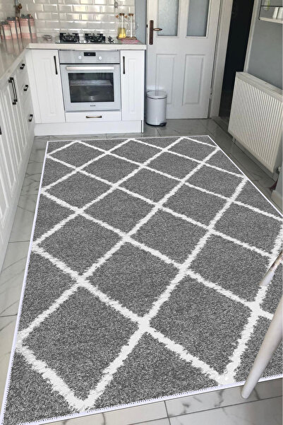 VOPTEKS Gri Beyaz Halı Mutfak Halısı Makinede Yıkanabilir Halı Kaymaz Taban Halı