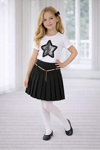 MS KİDS Girl's Suit Black Starry Badi Pleated Skirt Combination