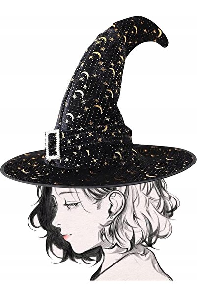 Other Halloween Witch Hat - Curved Pattern with Gold Stars, Soft Flannel, Bla...