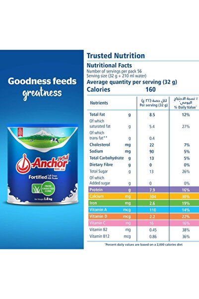 Anchor Milk Powder, Full Cream, Fortified with Vitamins & Minerals, No Preser...