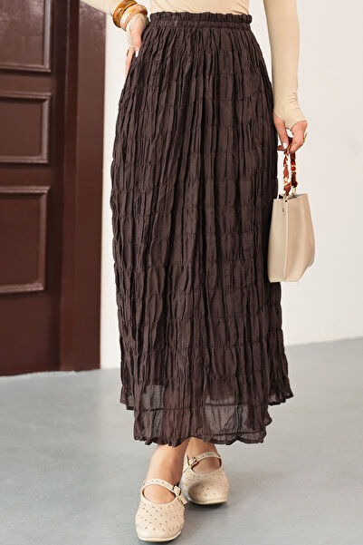 Salih Çelebi Elastic Waist Gipeli Maxi Skirt 0084 - Brown