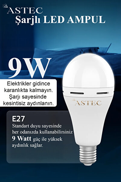 ASTEC Beyaz 9 Watt Şarjlı LED Ampul E27 Duy 6500K 8 Saat Aydınlatma Taşınabilir